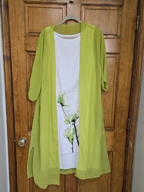 White Sleevess Dress With Lime Green Floral Design And Duster